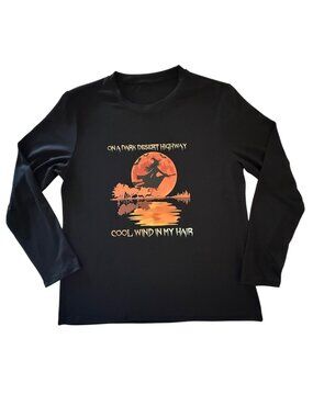 Witch Halloween Shirt Womens L Dark Desert Highway Graphic Tee Long Sleeve Black
